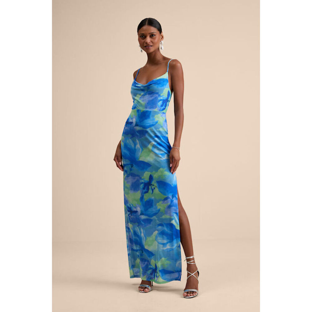Lulus Sunniva Blue Multi Print Mesh Cowl Maxi Dress - Size XL